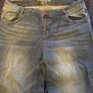 Peace Love World blue jeans